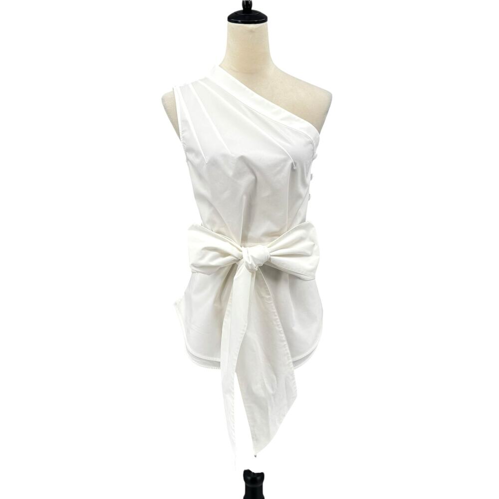 Club Monaco Offri White Pleated One Shoulder Convertible Sash Side Button Top